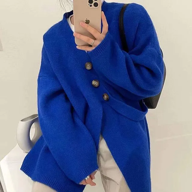 Asymmetrical V-Neck Plain Button-Up Cardigan