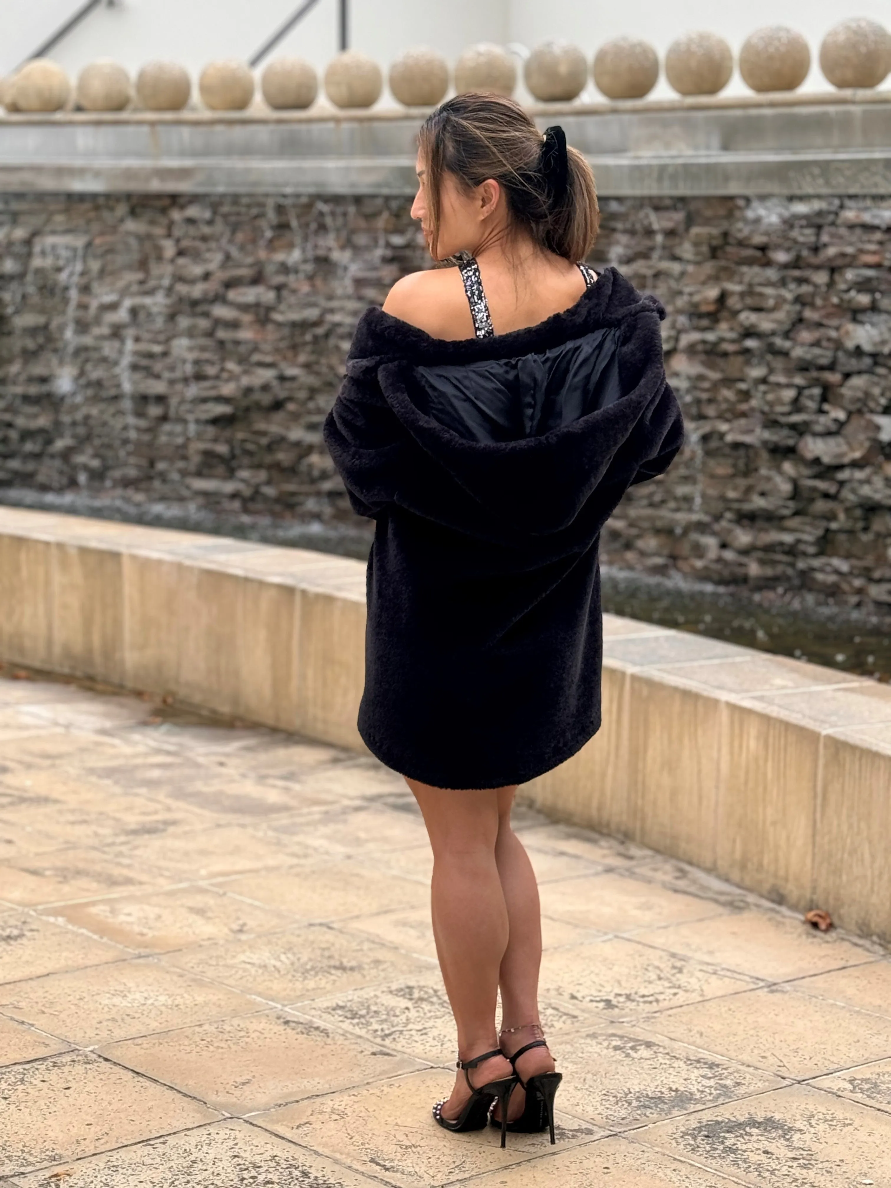 Chrystal Sloane Couture Black 3/4 Length Faux Fur Swing Coat with Hood.