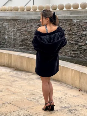 Chrystal Sloane Couture Black 3/4 Length Faux Fur Swing Coat with Hood.